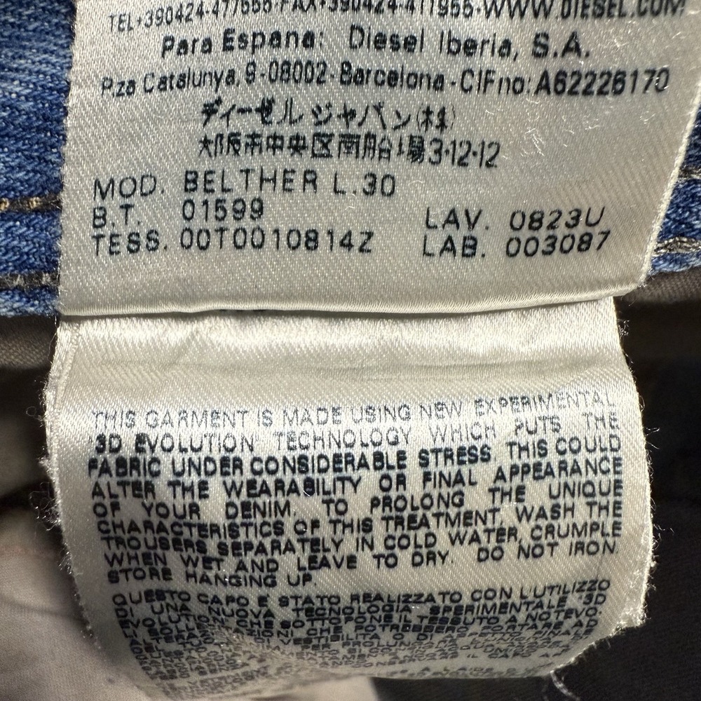 Diesel Jeans Men 29x28 Blue‎ Belther Slim Taper Light Wash Thrashed Rockstar Y2K - Picture 13 of 13